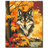 Paint by Numbers Animal Art: Wolf in Autumn Leaves