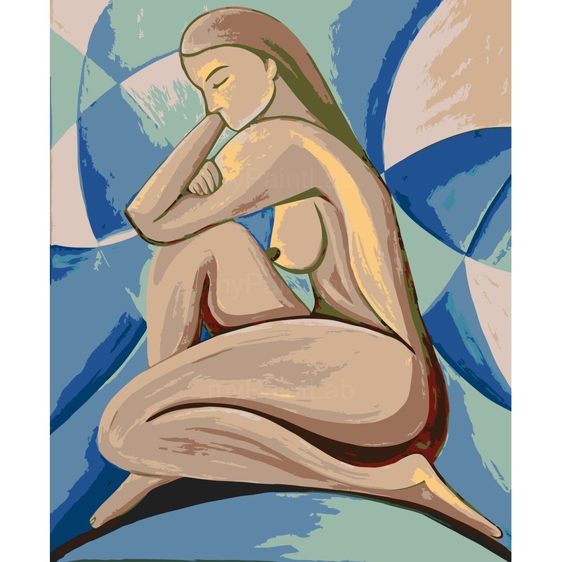 Nude woman sitting blue geometric modern