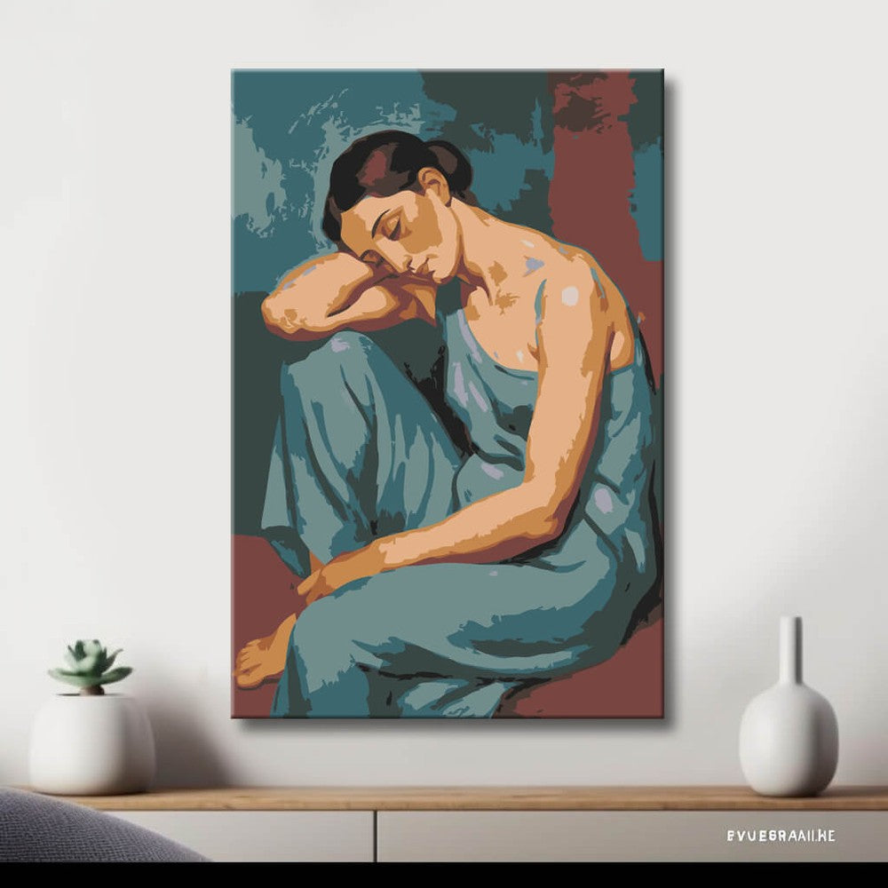 Nude woman sitting blue dress thoughtful DIY art wall decor modern artwork