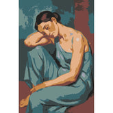 Nude woman sitting blue dress thoughtful
