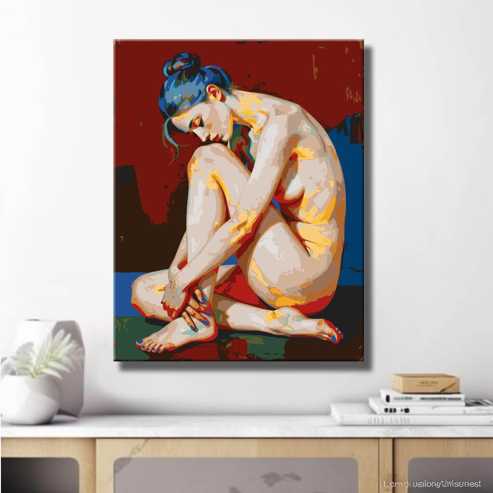 A seated nude woman against a red background with expressive posture and modern colors. DIY art wall decor modern artwork