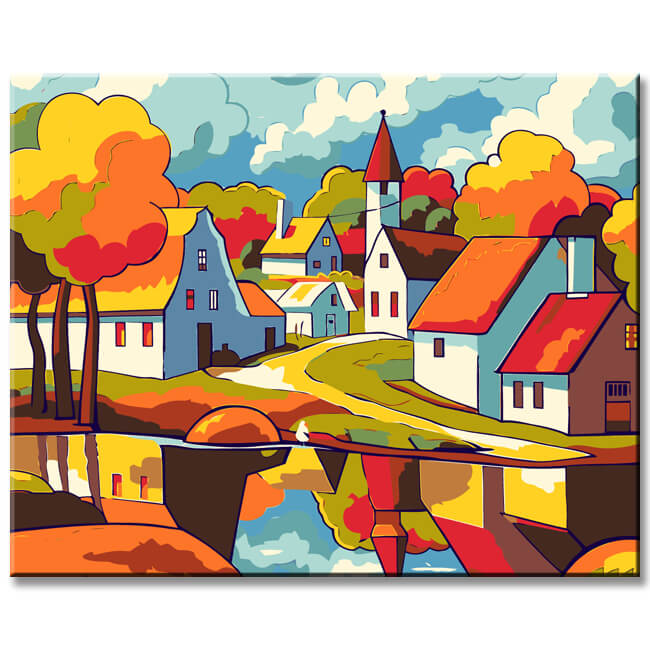 Painting by Numbers Art Illustration Colored Houses Water Reflection