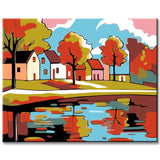Paint by Numbers Art Illustration Autumn Trees Reflection in Water