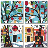Painting by Numbers Art Trees in Front of Colorful Houses 4-Panel