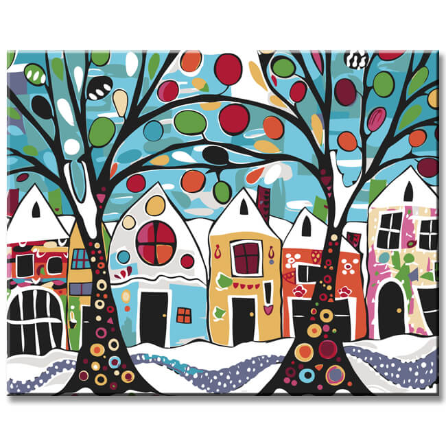 Painting by numbers art trees in front of colorful houses
