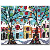 Painting by numbers art trees in front of colorful houses