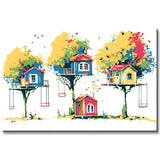 Paint by Numbers Art Illustration Three Tree Houses with Swings