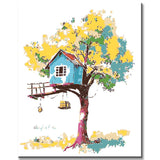 Painting by Numbers Art Illustration Blue Treehouse in Yellow Tree