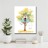 Paint by Numbers Art Illustration Pink Tree House with Blue Railing in Yellow Tree
