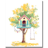 Paint by Numbers Art Illustration Pink Tree House with Blue Railing in Yellow Tree