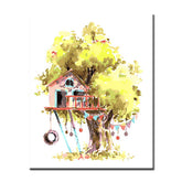 Paint by Numbers Art Illustration Yellow Tree with Pink Tree House