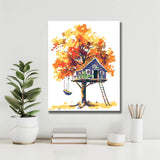 Painting by Numbers Art Illustration of Autumn Colored Tree with Blue Tree House