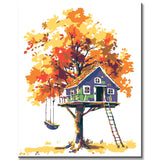 Painting by Numbers Art Illustration of Autumn Colored Tree with Blue Tree House