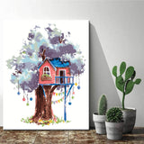 Paint by Numbers Art Illustration Purple Tree with Red Tree House