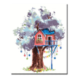 Paint by Numbers Art Illustration Purple Tree with Red Tree House