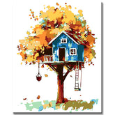 Painting by Numbers Art Illustration Blue Treehouse in Yellow Tree