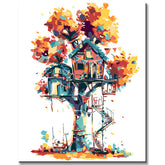 Paint by numbers art illustration of several tree houses in the yellow tree
