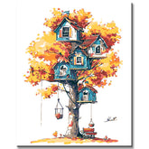 Paint by Numbers Art Illustration of Several Tree Houses in The Yellow Tree