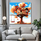 Paint by Numbers Art Illustration Big Brown Tree House with Swing
