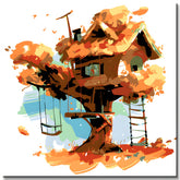 Paint by numbers illustration of a large brown treehouse with a swing