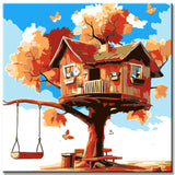 Paint by Numbers Art Illustration Big Brown Tree House with Swing