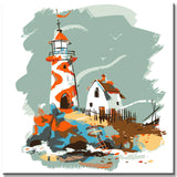 Painting by numbers art illustration lighthouse with white house