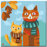 Paint by Numbers Art Illustration Two Cats with Scarf and Autumn Leaves