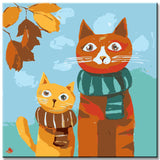 Paint by Numbers Art Illustration Two Cats with Scarf and Autumn Leaves