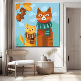 Paint by Numbers Art Illustration Two Cats with Scarf and Autumn Leaves
