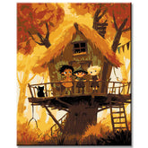Paint by Numbers Art Illustration Halloween Treehouse with Children