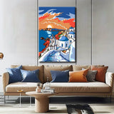 Painting by numbers art landscape sea of Greece with white houses and blue roofs