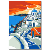 Painting by numbers art landscape sea of Greece with white houses and blue roofs