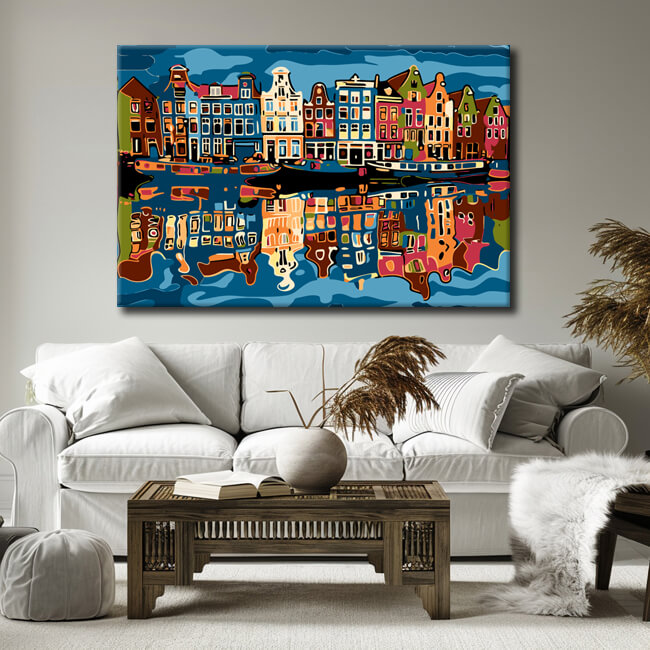 Painting by numbers art landscape houses reflected in the water