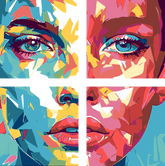 Painting by Numbers Art Lifestyle Woman Half Red Colored and Half Teal Colored Face 4 Panel