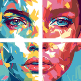 Painting by Numbers Art Lifestyle Woman Half Red Colored and Half Teal Colored Face 4 Panel