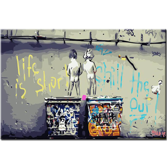 Painting by numbers graffiti art children on the wall