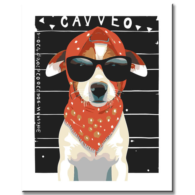 Painting by numbers art criminal dog with sunglasses and bandana