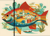 Painting by Numbers Art Animal Colorful Fish with An Oriental City in its Stomach 2-Panel