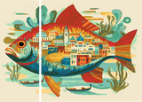 Painting by Numbers Art Animal Colorful Fish with An Oriental City in its Stomach 2-Panel