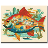 Painting by Numbers Art Animal Colorful Fish with An Oriental City in its Stomach