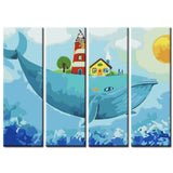 Painting by Numbers Art Animal Whale with Lighthouse House and Tree on The Back 4 Panel