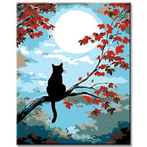 Painting by Numbers Art Animal Cat Sitting on A Branch with Red Leaves