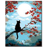 Painting by Numbers Art Animal Cat Sitting on A Branch with Red Leaves