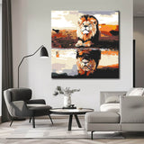 Painting by Numbers Art Animal Little Lion is Reflected in The Water and Grows Up