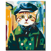 Painting by Numbers Cat in Uniform Green Coat Blue Hat