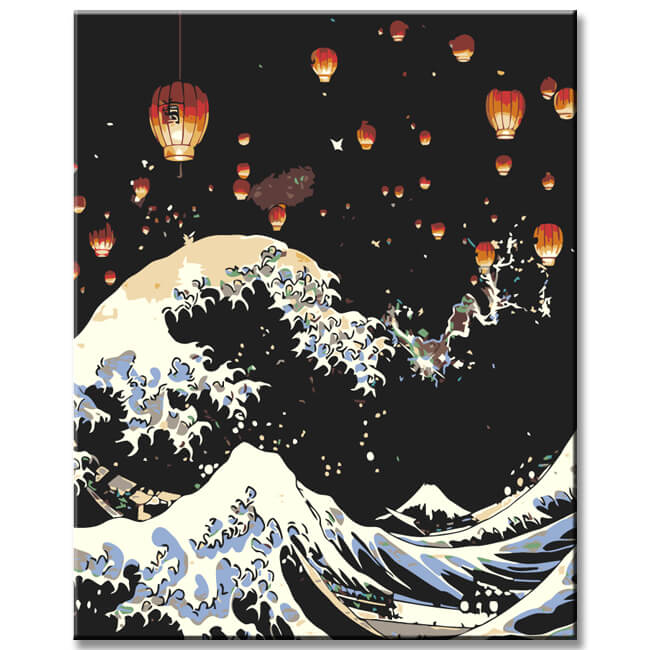 Painting by numbers The big wave and Japanese lanterns in the night sky