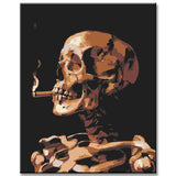Painting by numbers head of a skeleton with a burning cigarette