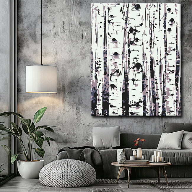 Painting by numbers birch trees in black and white