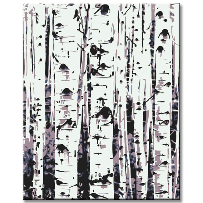 Painting by numbers birch trees in black and white