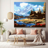 Mountain scene with log cabin - painting by numbers